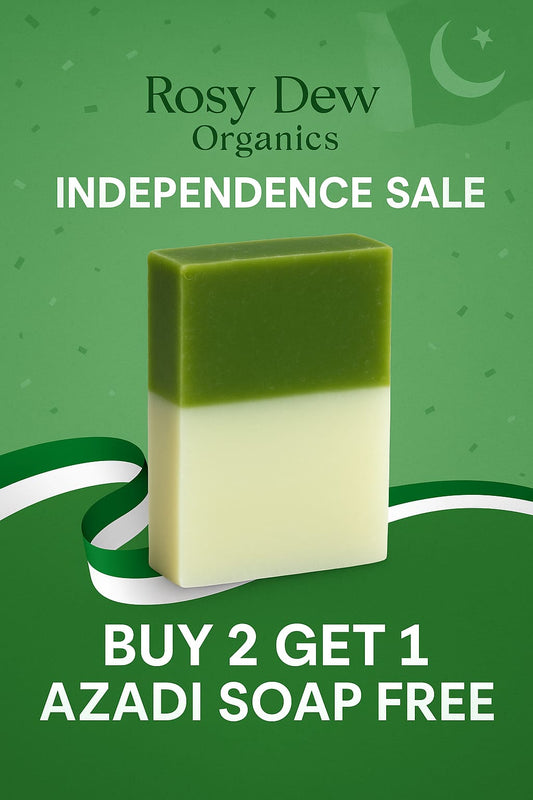 🌿✨ آزادی اسپیشل آفر ✨🌿 پاکستان کی خوشبو اور رنگ اپنے ہاتھوں میں سمیٹ لیں! Rosy Dew Organics آپ کے لیے لایا ہے Buy 2 Soap, Get 1 Azadi Soap Free 🎁